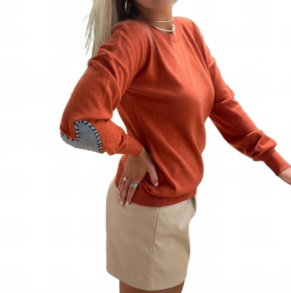 NEW J. SOCIETY heart stitch crew sweater in burnt orange